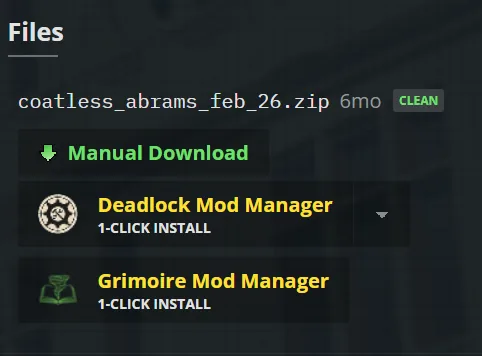 The Files section of a GameBanana mod page, showing the 1-Click Install button