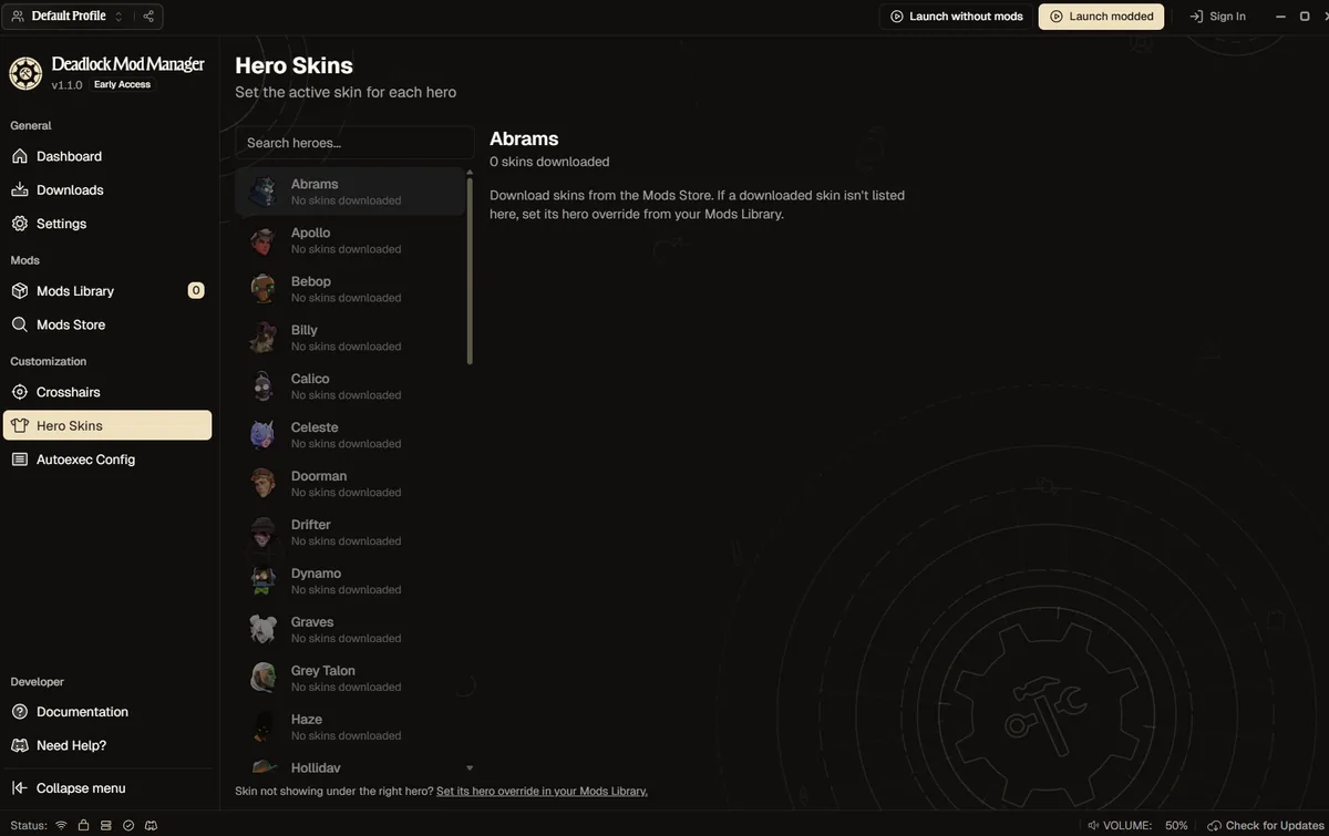 The Hero Skins screen in Deadlock Mod Manager, listing every hero with their downloaded skins