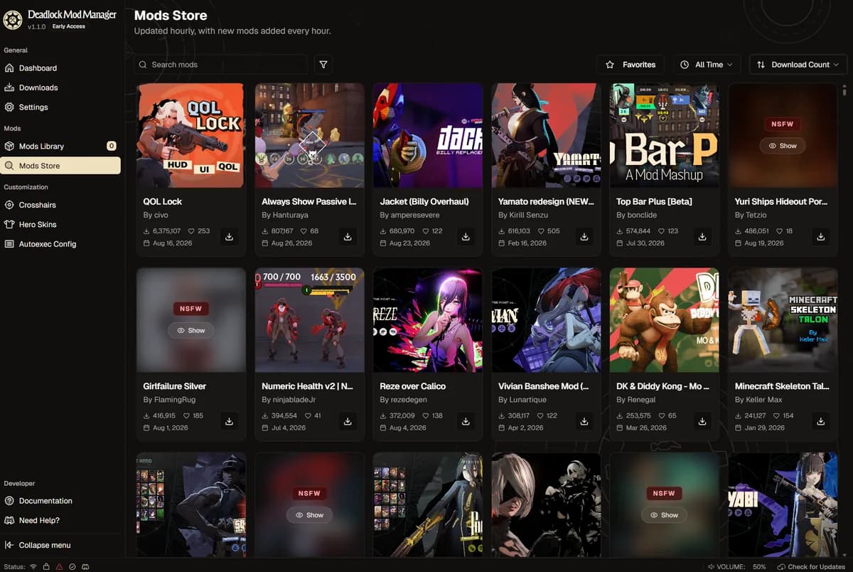 The Mods Store inside Deadlock Mod Manager, showing a grid of mods sorted by downloads
