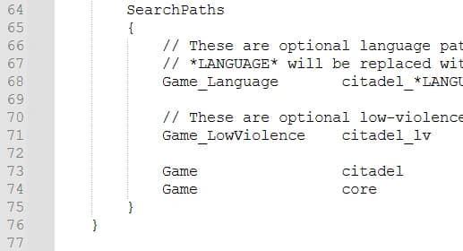 The SearchPaths block in gameinfo.gi before editing, ending with Game citadel and Game core