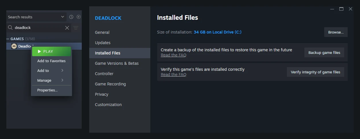 Steam's right-click menu on Deadlock, and the Installed Files tab with the Browse button