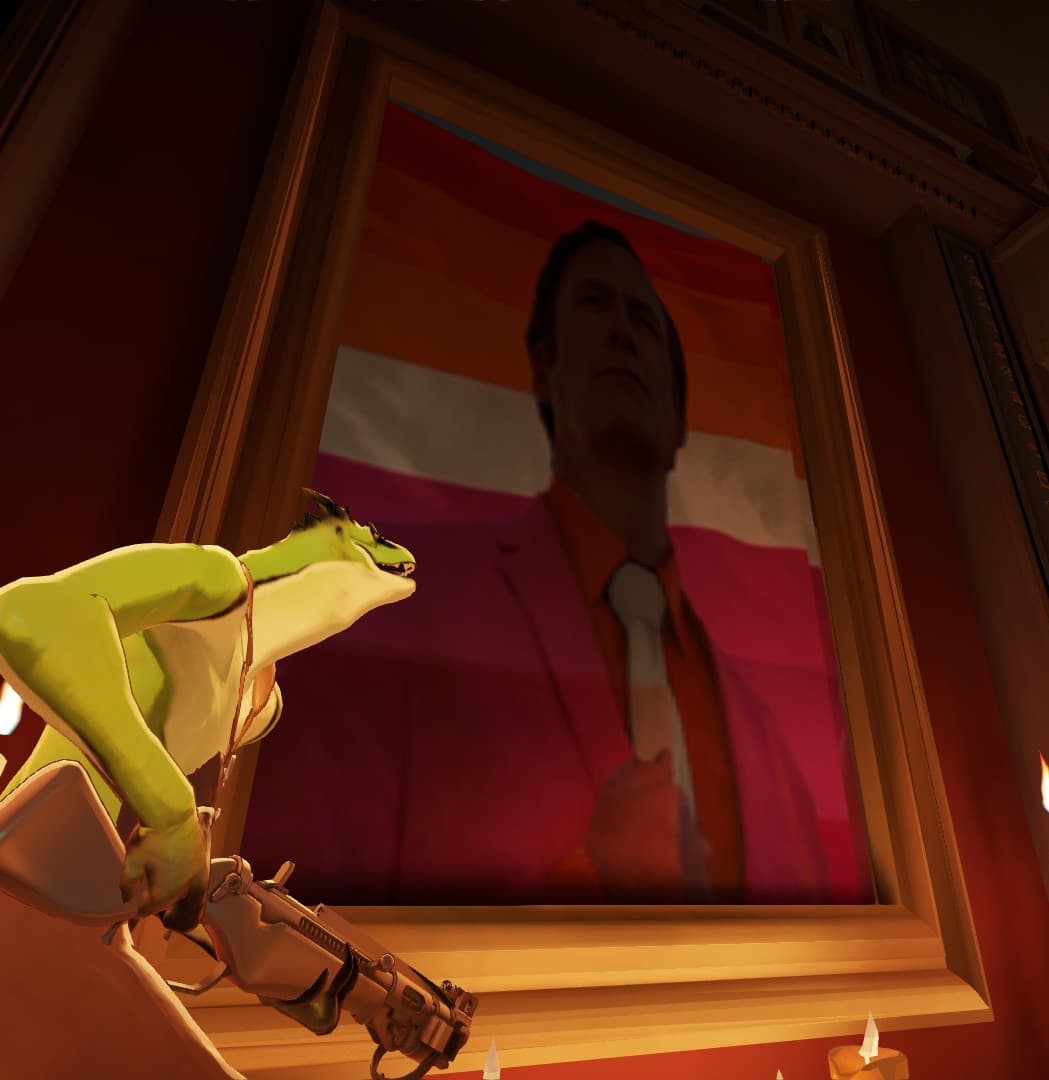 Lesbian Saul Goodman Over Painting and Fireplace screenshot