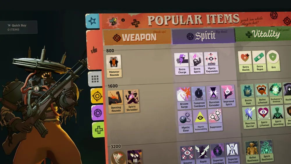 Deadlock's rebuilt shop showing the most purchased items