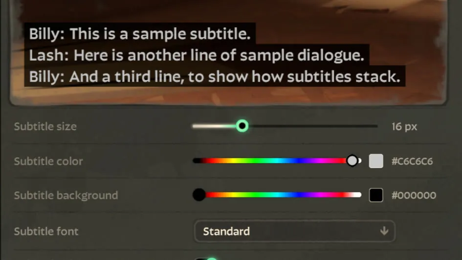 Deadlock's subtitle settings, with size, colour and font options